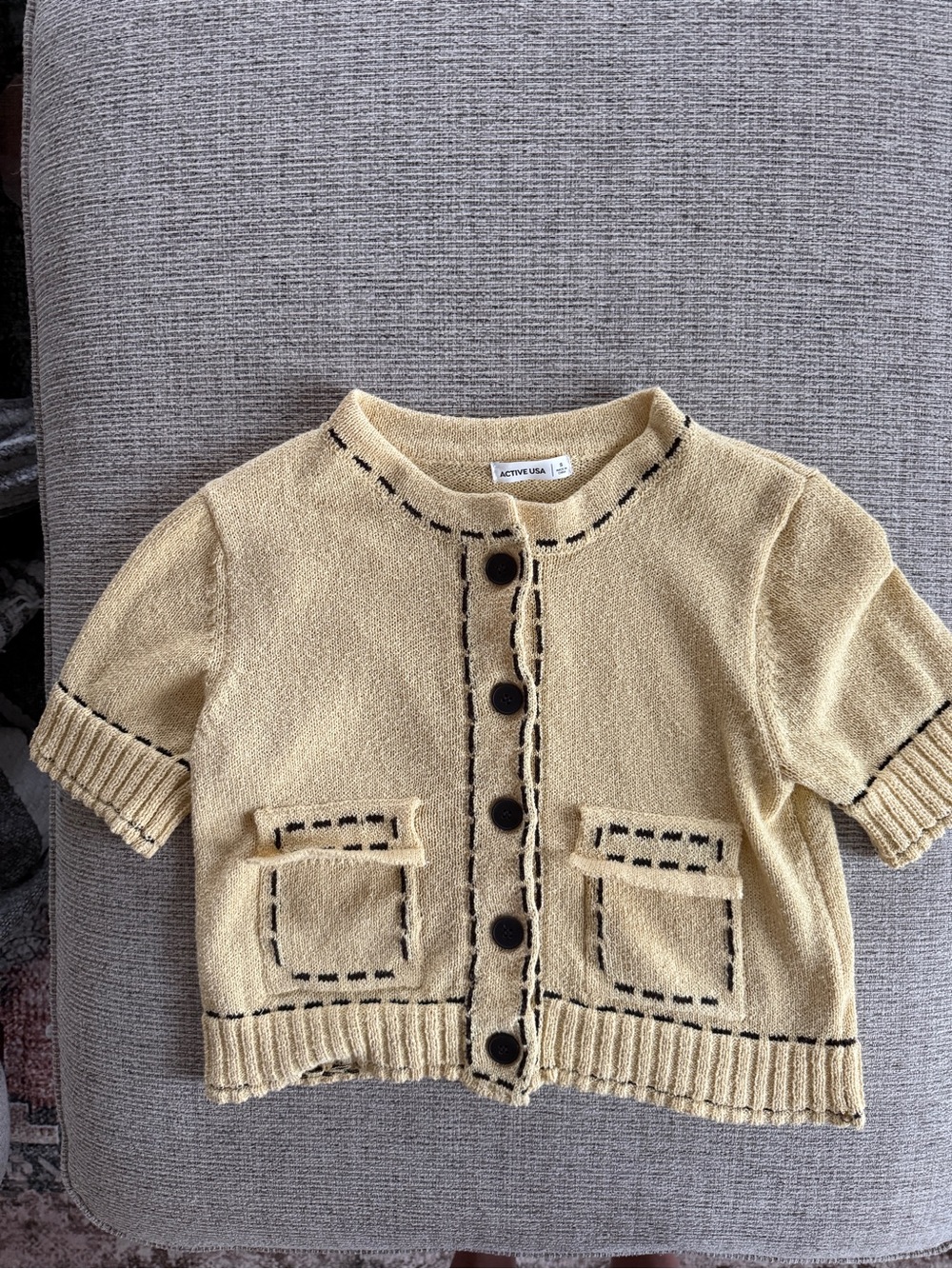 Active USA Butter Yellow & Brown Contrast Stitch Short Sleeve Cardigan S